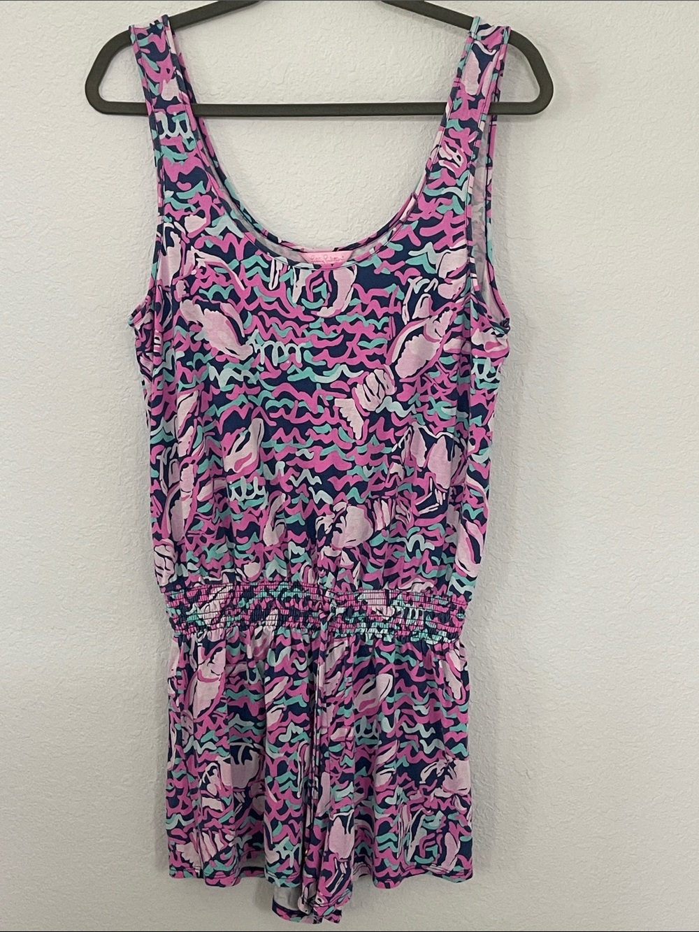 Lilly Pulitzer M Pink Blue Print Sleeveless Smocked Waist Knit‎ Romper